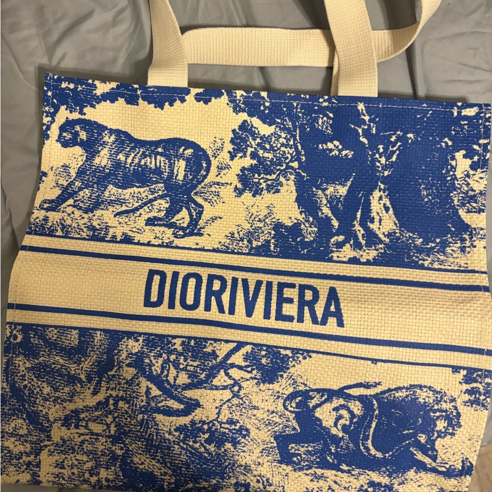 Christian Dior Blue Straw Tote Bag